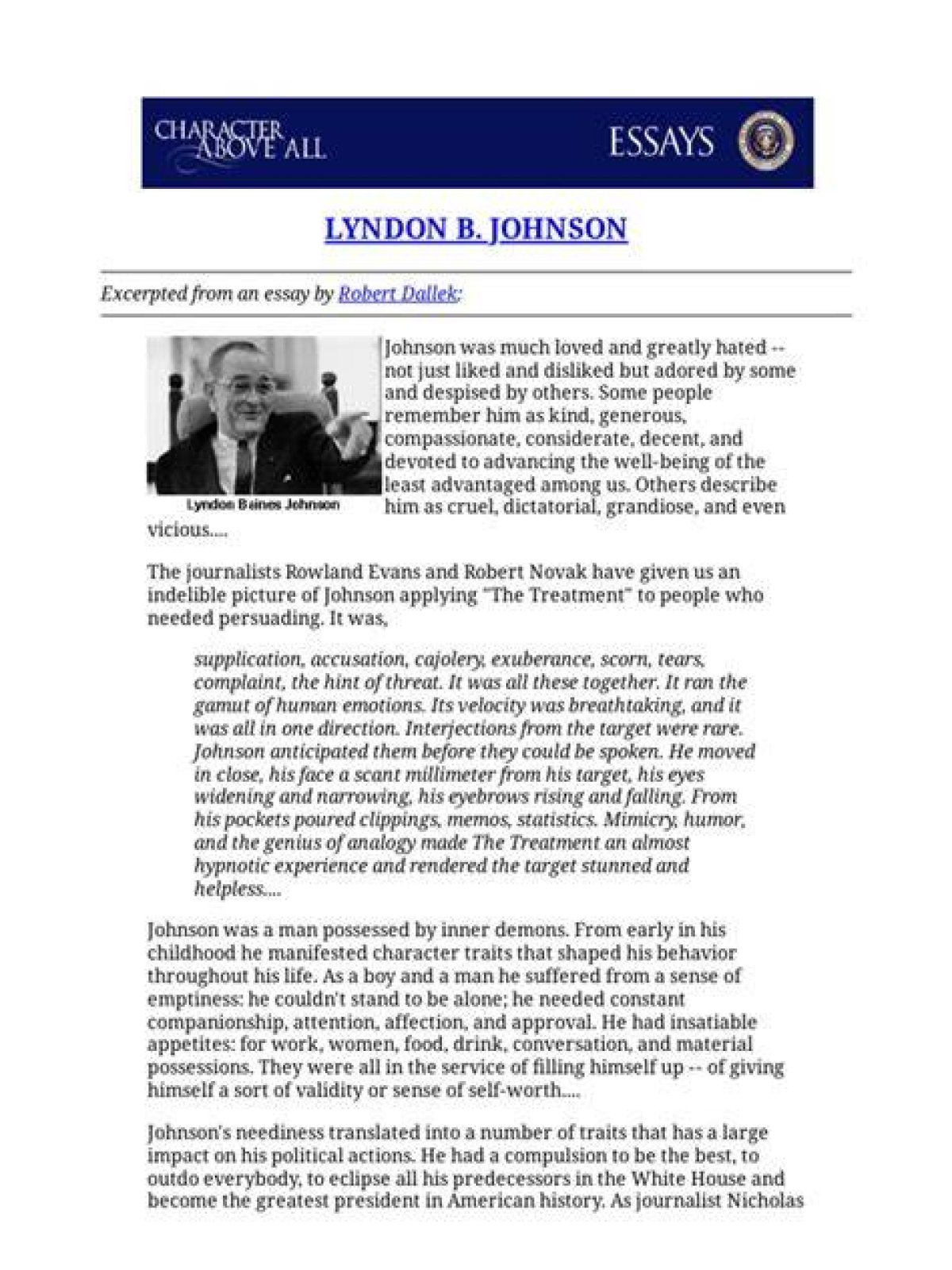 Character Above All: Lyndon B. Johnson Essay