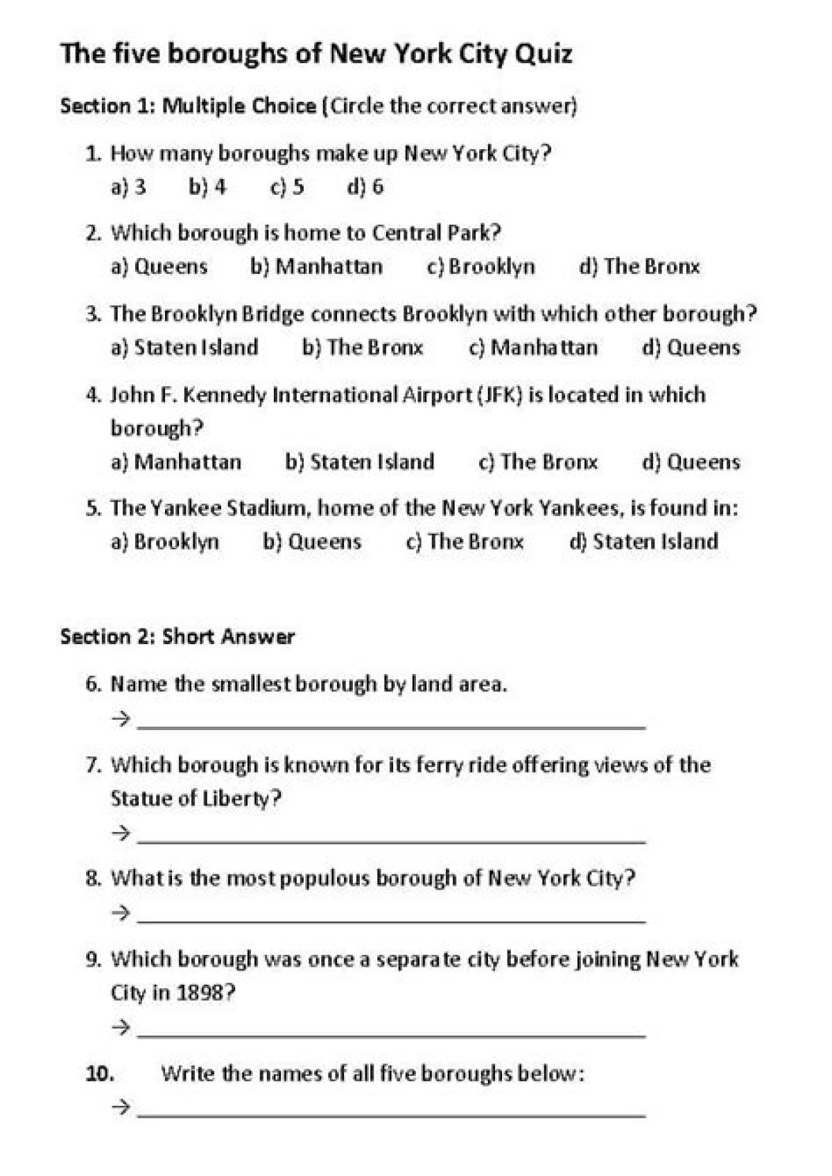 Five Boroughs of New York City Quiz
