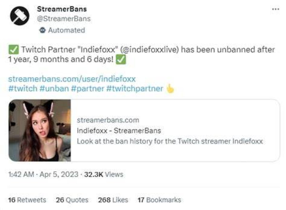 Indiefoxx Streams on Twitch After Getting Unbanned