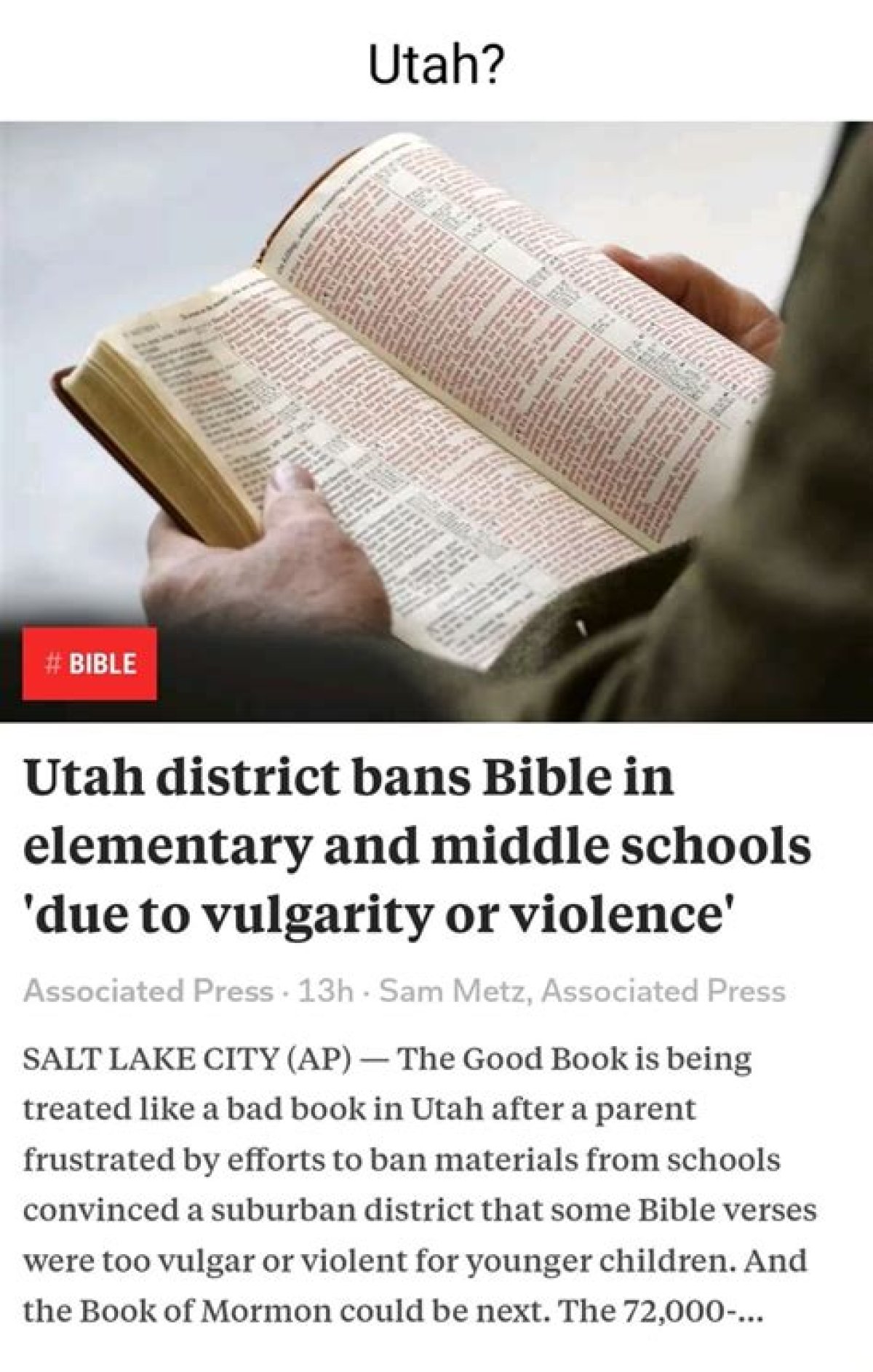 Salt Lake City, Utah District Bans Bible in Elementary and Middle Schools ‘Due to Vulgarity or Violence’