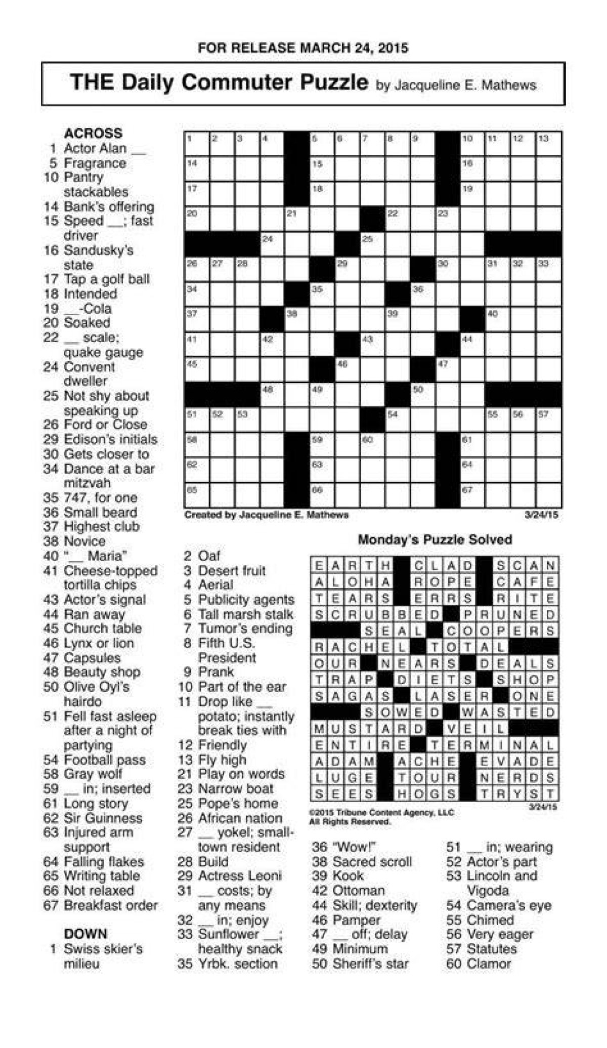 Same for Me! Daily Commuter Crossword Puzzle Answers