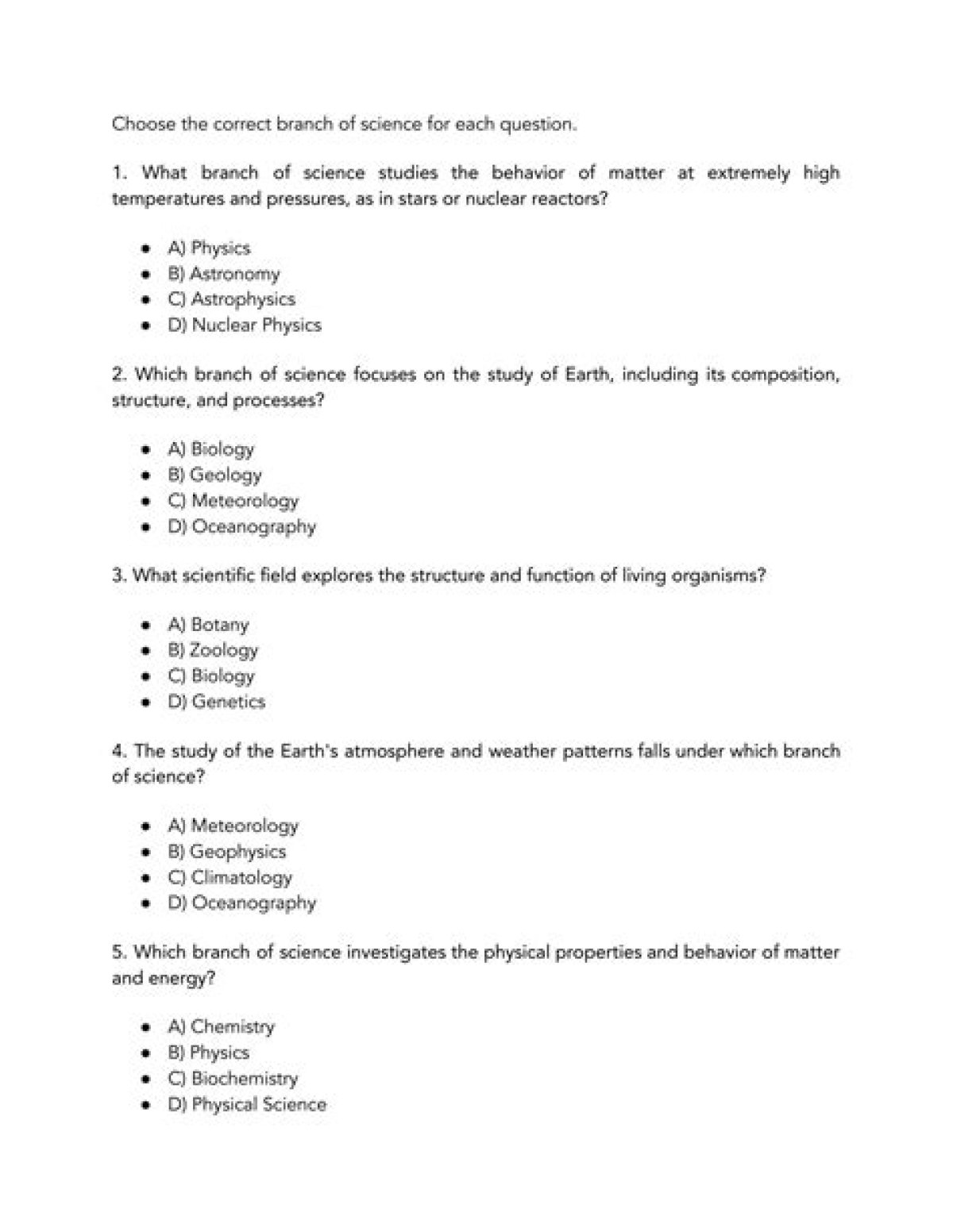 The Branches of Science Quiz