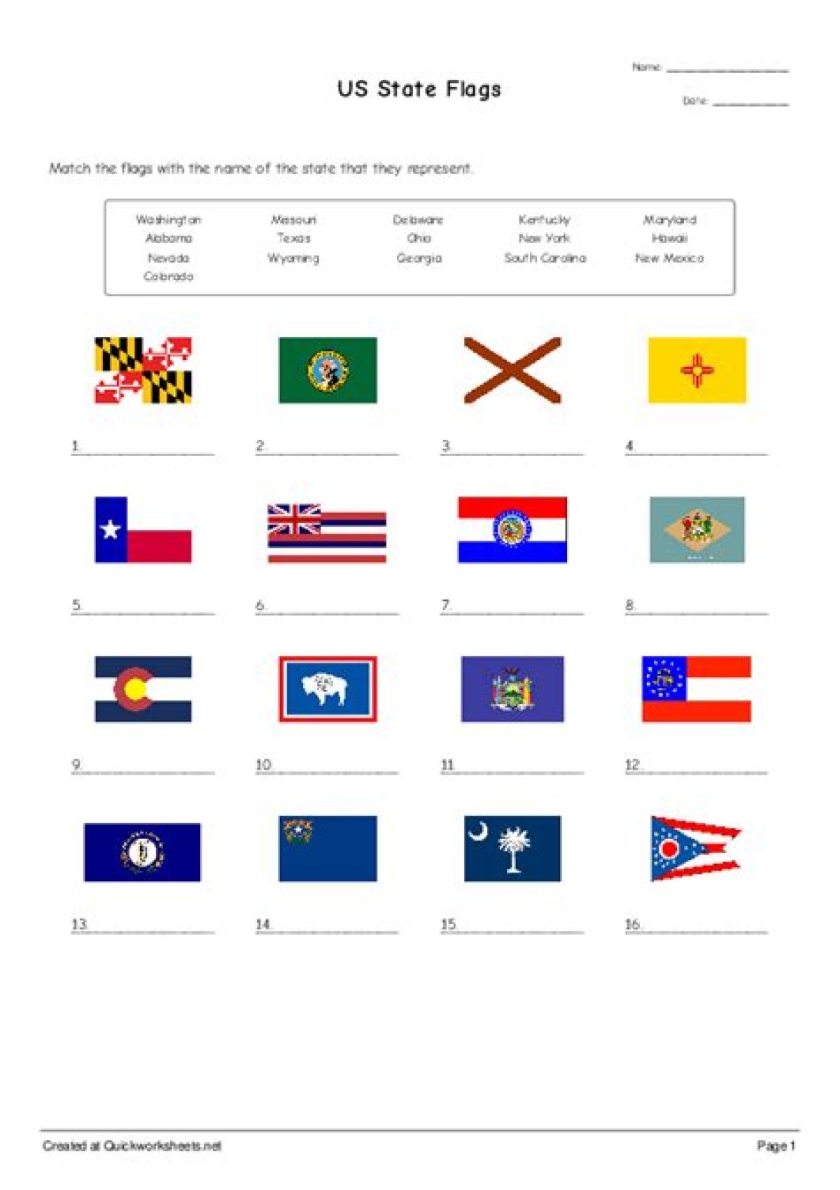 Us State Flags — Printable Worksheet